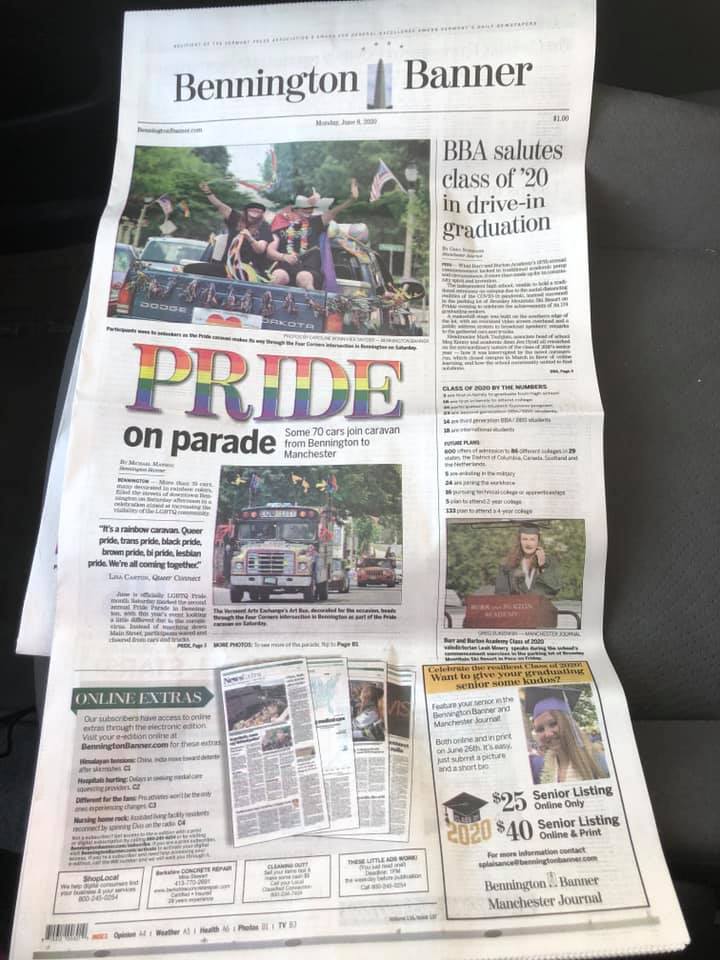 Photo of a June 2020 paper edition of the Bennington Banner. The front-page article is "PRIDE on Parade: Some 70 cars join caravan from Bennington to Manchester."