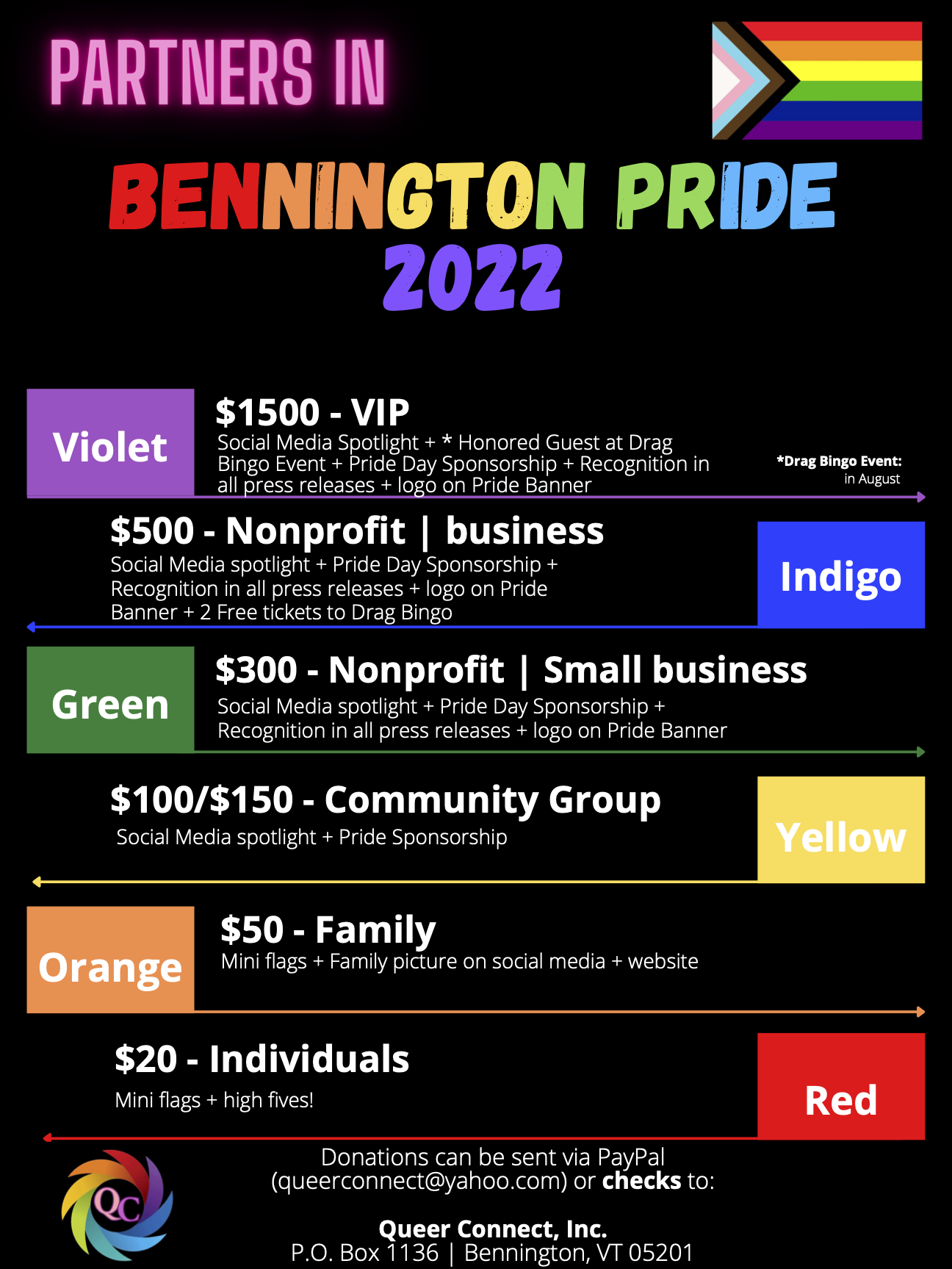 Partners in Bennington Pride 2022 partnership poster