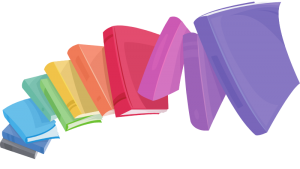 A stack of books in rainbow colors fly up into the air.